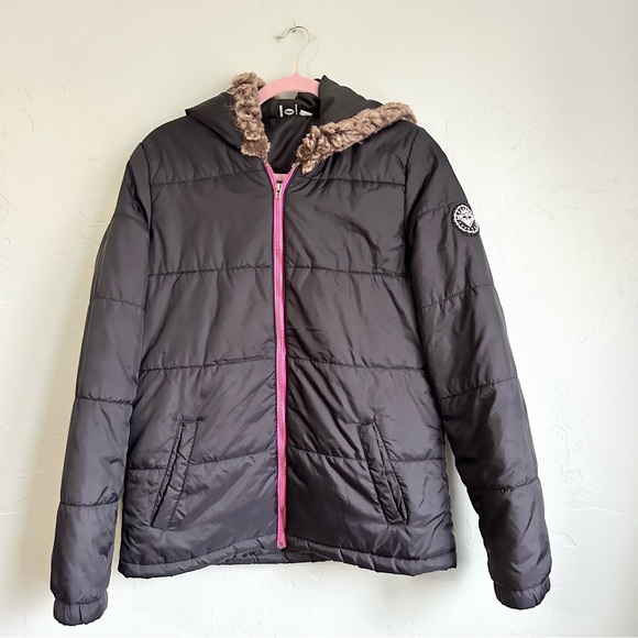 Roxy | Women’s Black Puffer Jacket Pink Zipper Faux Fur Hood Size Small EUC - Picture 1 of 6